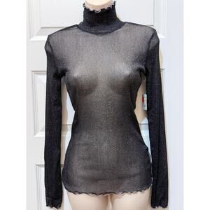 Intimately Free People Sheer Black Mock Turtleneck with Silver Metallic, Size M